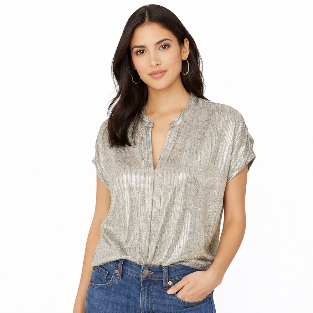 Bishop + Young Metallic V-Neck Blouse Gold Silver Shimmer M NWT